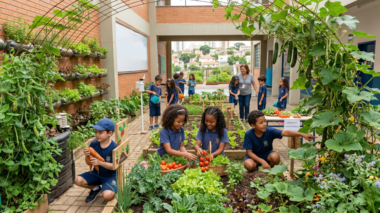 alunos participando da colheita urbana com doação de alimentos e educação social