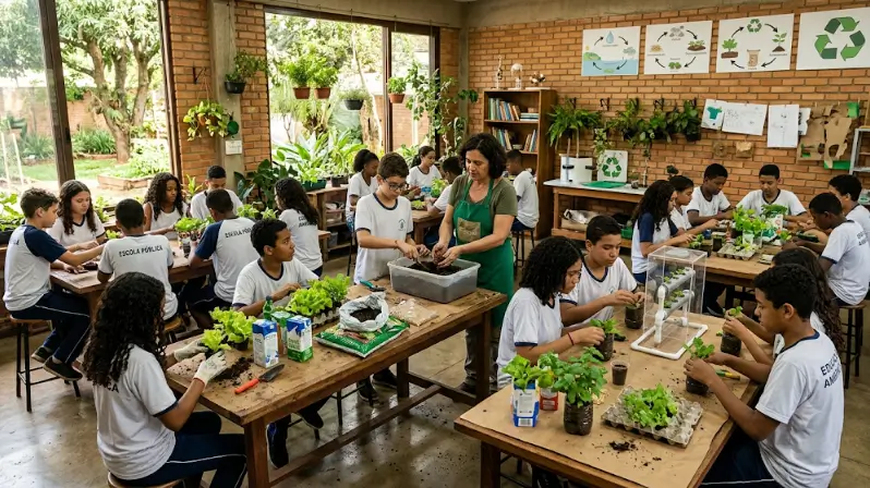 Projetos de Educação Ambiental nas escolas com alunos participando de uma vivência socioambiental